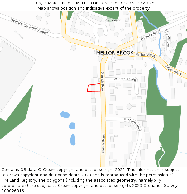 109, BRANCH ROAD, MELLOR BROOK, BLACKBURN, BB2 7NY: Location map and indicative extent of plot