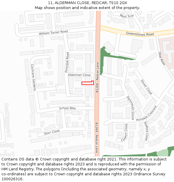 11, ALDERMAN CLOSE, REDCAR, TS10 2GX: Location map and indicative extent of plot