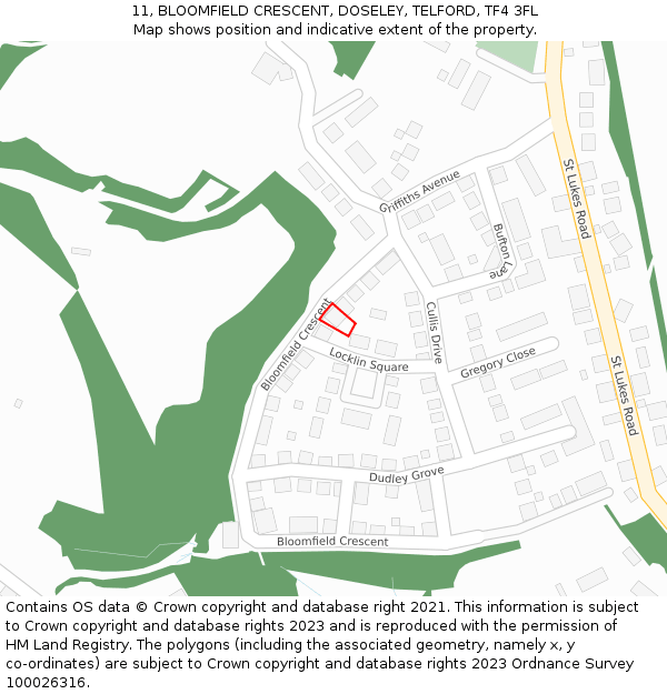 11, BLOOMFIELD CRESCENT, DOSELEY, TELFORD, TF4 3FL: Location map and indicative extent of plot