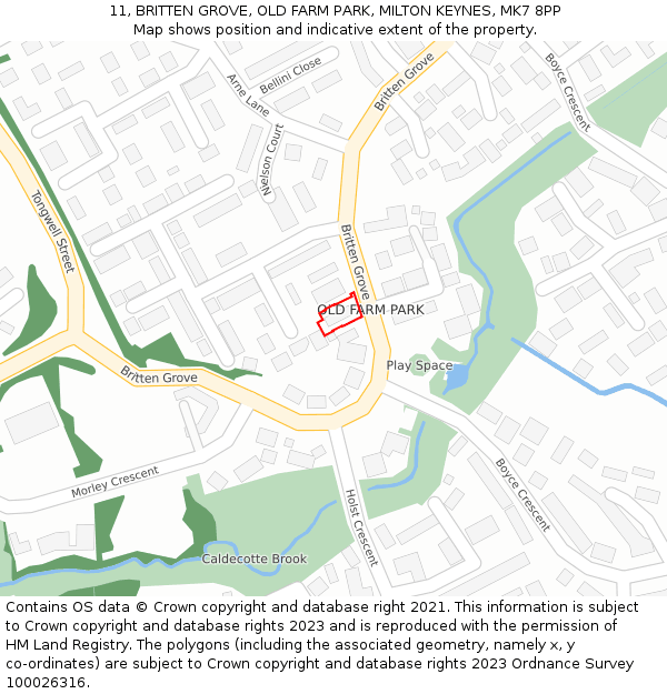 11, BRITTEN GROVE, OLD FARM PARK, MILTON KEYNES, MK7 8PP: Location map and indicative extent of plot