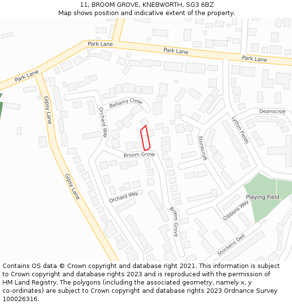 11, BROOM GROVE, KNEBWORTH, SG3 6BZ: Location map and indicative extent of plot