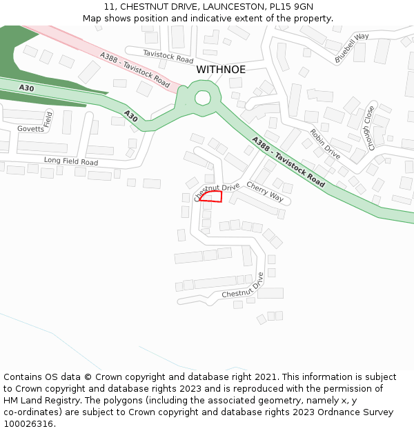 11, CHESTNUT DRIVE, LAUNCESTON, PL15 9GN: Location map and indicative extent of plot