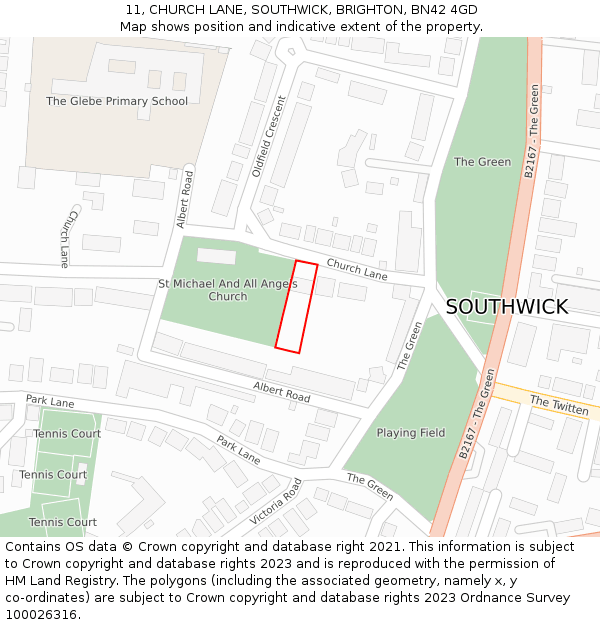 11, CHURCH LANE, SOUTHWICK, BRIGHTON, BN42 4GD: Location map and indicative extent of plot