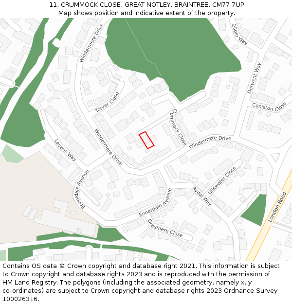 11, CRUMMOCK CLOSE, GREAT NOTLEY, BRAINTREE, CM77 7UP: Location map and indicative extent of plot