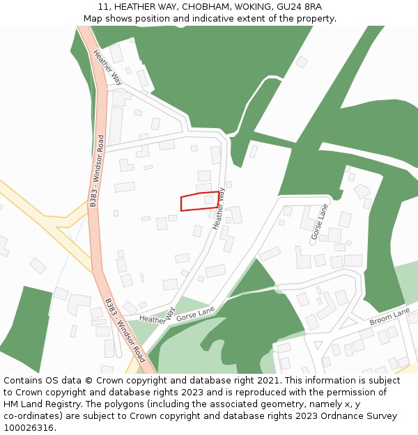 11, HEATHER WAY, CHOBHAM, WOKING, GU24 8RA: Location map and indicative extent of plot