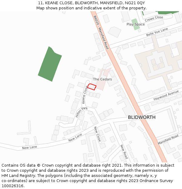 11, KEANE CLOSE, BLIDWORTH, MANSFIELD, NG21 0QY: Location map and indicative extent of plot