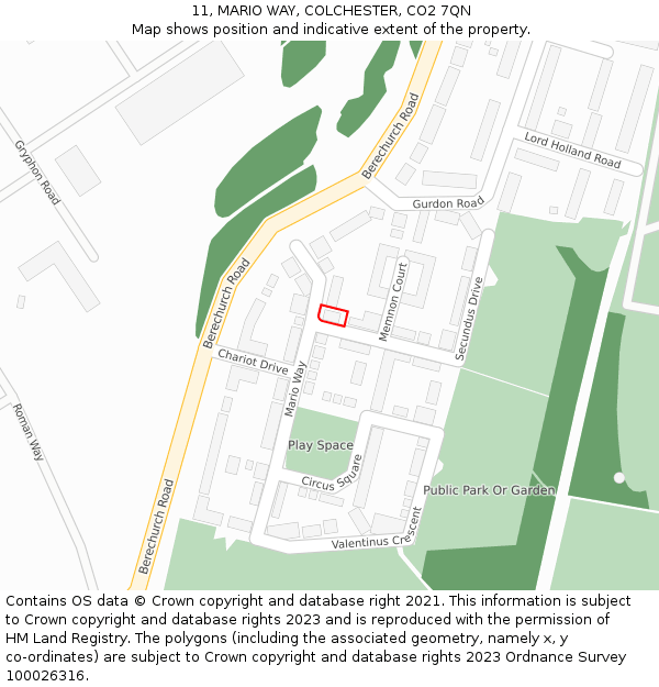 11, MARIO WAY, COLCHESTER, CO2 7QN: Location map and indicative extent of plot