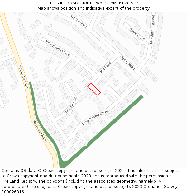 11, MILL ROAD, NORTH WALSHAM, NR28 9EZ: Location map and indicative extent of plot