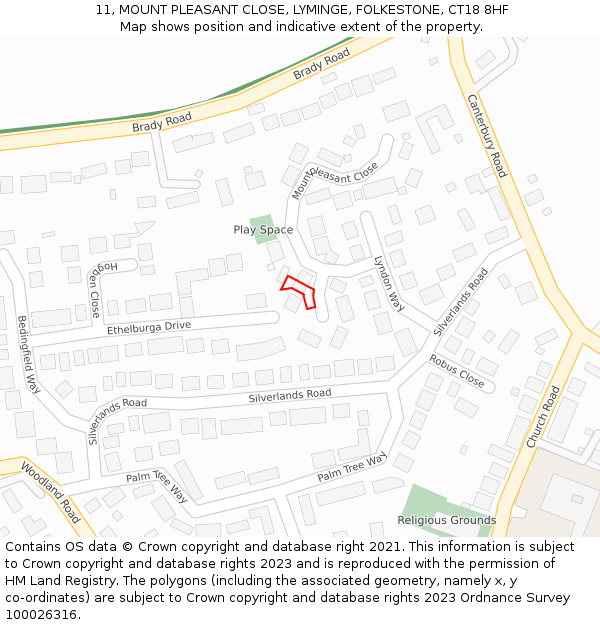 11, MOUNT PLEASANT CLOSE, LYMINGE, FOLKESTONE, CT18 8HF: Location map and indicative extent of plot