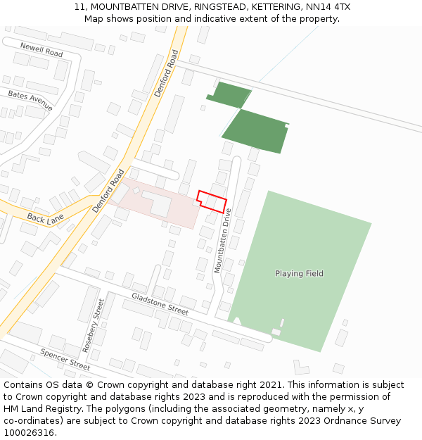 11, MOUNTBATTEN DRIVE, RINGSTEAD, KETTERING, NN14 4TX: Location map and indicative extent of plot