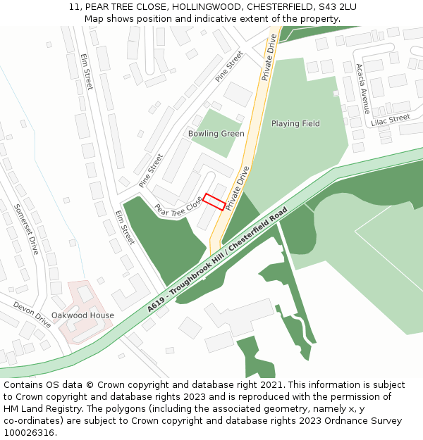 11, PEAR TREE CLOSE, HOLLINGWOOD, CHESTERFIELD, S43 2LU: Location map and indicative extent of plot