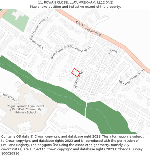 11, ROWAN CLOSE, LLAY, WREXHAM, LL12 0NZ: Location map and indicative extent of plot