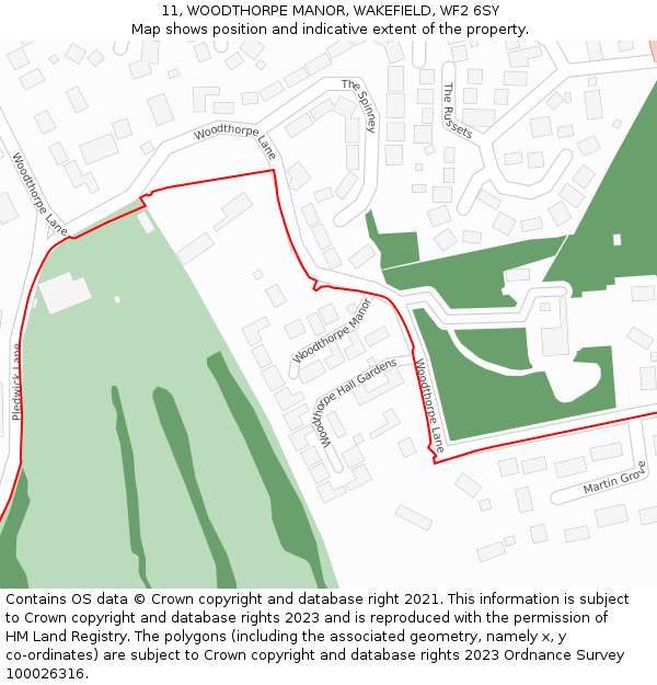 11, WOODTHORPE MANOR, WAKEFIELD, WF2 6SY: Location map and indicative extent of plot