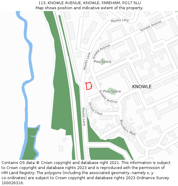 113, KNOWLE AVENUE, KNOWLE, FAREHAM, PO17 5LU: Location map and indicative extent of plot