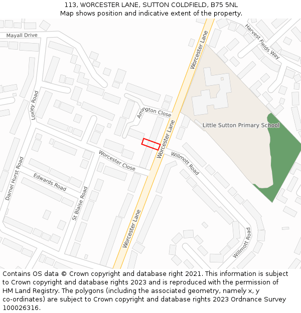 113, WORCESTER LANE, SUTTON COLDFIELD, B75 5NL: Location map and indicative extent of plot