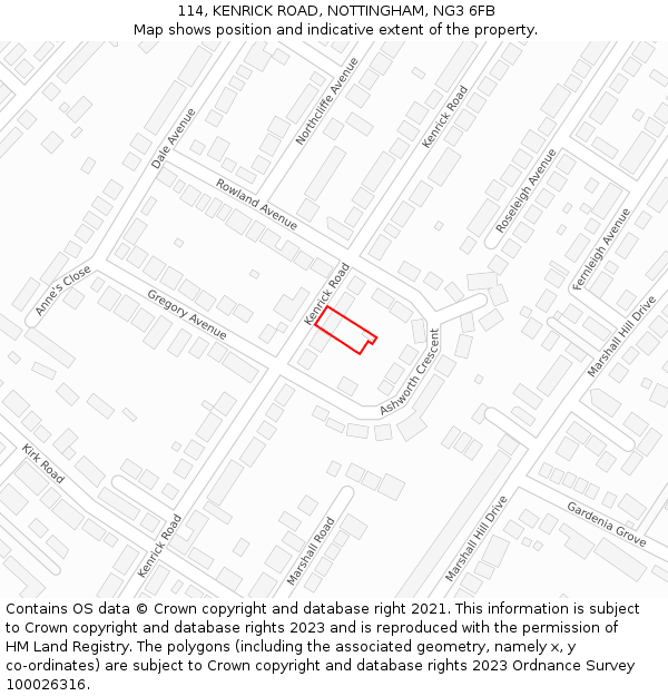 114, KENRICK ROAD, NOTTINGHAM, NG3 6FB: Location map and indicative extent of plot