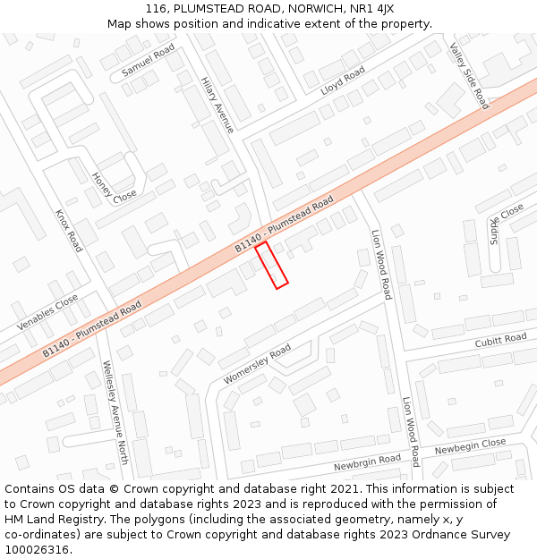 116, PLUMSTEAD ROAD, NORWICH, NR1 4JX: Location map and indicative extent of plot