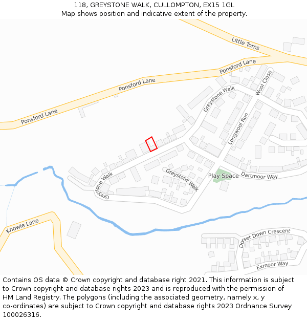 118, GREYSTONE WALK, CULLOMPTON, EX15 1GL: Location map and indicative extent of plot