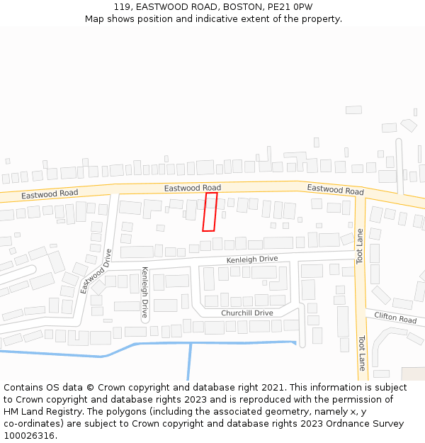 119, EASTWOOD ROAD, BOSTON, PE21 0PW: Location map and indicative extent of plot