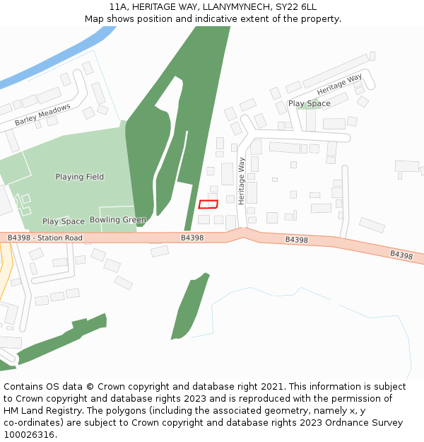 11A, HERITAGE WAY, LLANYMYNECH, SY22 6LL: Location map and indicative extent of plot