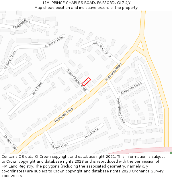 11A, PRINCE CHARLES ROAD, FAIRFORD, GL7 4JY: Location map and indicative extent of plot