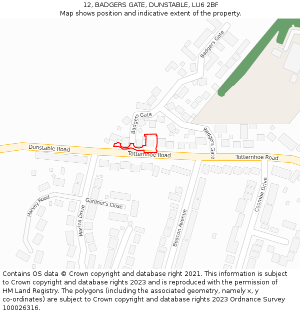 12, BADGERS GATE, DUNSTABLE, LU6 2BF: Location map and indicative extent of plot