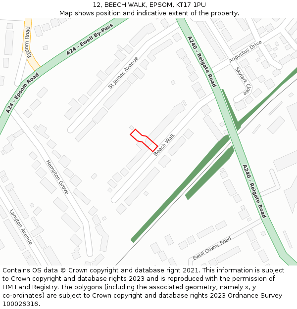 12, BEECH WALK, EPSOM, KT17 1PU: Location map and indicative extent of plot