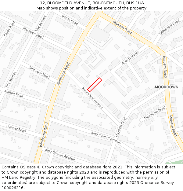 12, BLOOMFIELD AVENUE, BOURNEMOUTH, BH9 1UA: Location map and indicative extent of plot