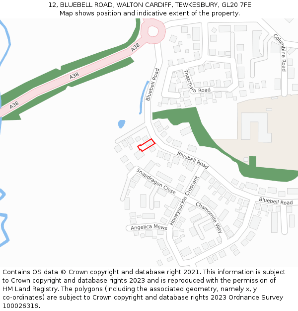 12, BLUEBELL ROAD, WALTON CARDIFF, TEWKESBURY, GL20 7FE: Location map and indicative extent of plot