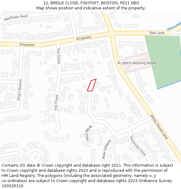 12, BRIDLE CLOSE, FISHTOFT, BOSTON, PE21 0BG: Location map and indicative extent of plot