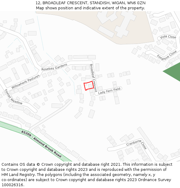 12, BROADLEAF CRESCENT, STANDISH, WIGAN, WN6 0ZN: Location map and indicative extent of plot