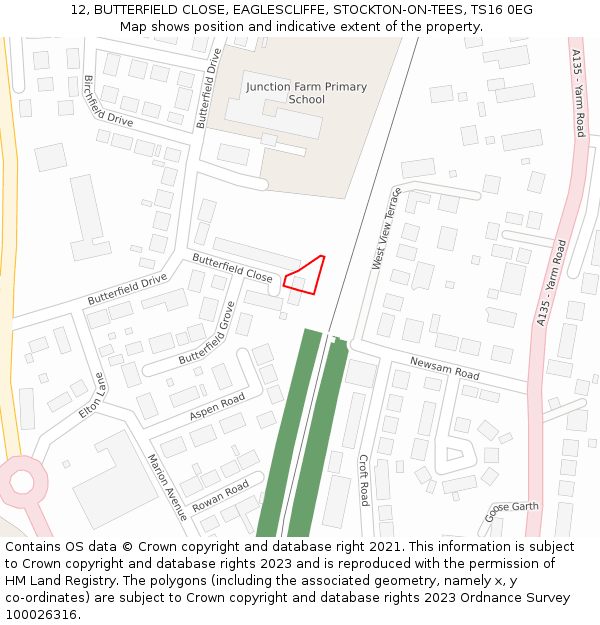 12, BUTTERFIELD CLOSE, EAGLESCLIFFE, STOCKTON-ON-TEES, TS16 0EG: Location map and indicative extent of plot