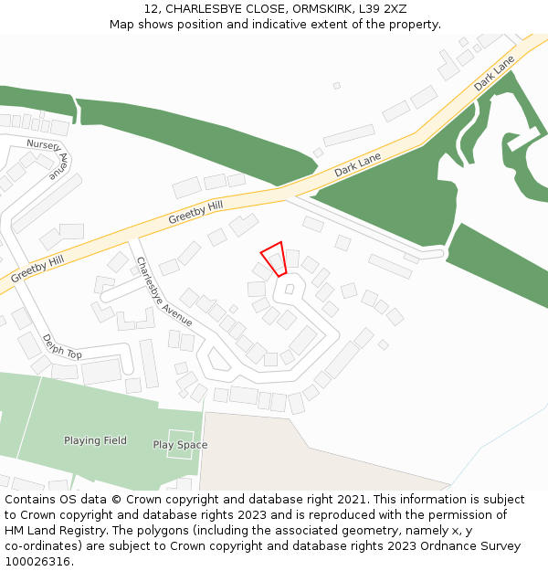 12, CHARLESBYE CLOSE, ORMSKIRK, L39 2XZ: Location map and indicative extent of plot