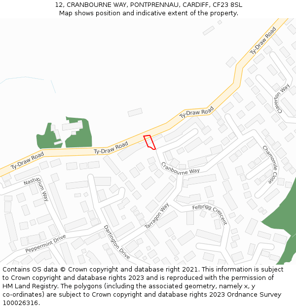 12, CRANBOURNE WAY, PONTPRENNAU, CARDIFF, CF23 8SL: Location map and indicative extent of plot