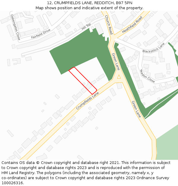 12, CRUMPFIELDS LANE, REDDITCH, B97 5PN: Location map and indicative extent of plot