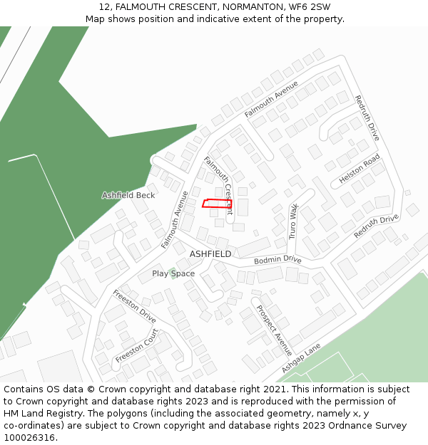 12, FALMOUTH CRESCENT, NORMANTON, WF6 2SW: Location map and indicative extent of plot