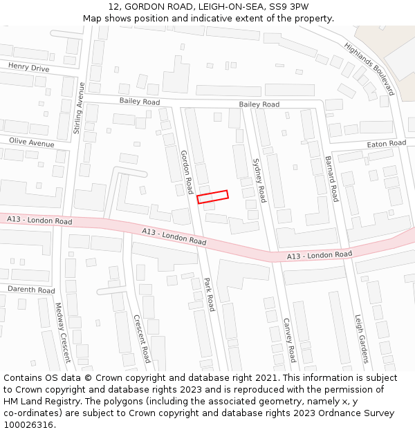 12, GORDON ROAD, LEIGH-ON-SEA, SS9 3PW: Location map and indicative extent of plot