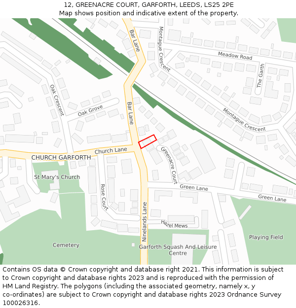 12, GREENACRE COURT, GARFORTH, LEEDS, LS25 2PE: Location map and indicative extent of plot