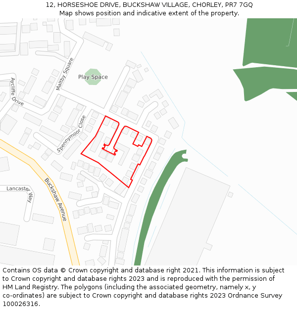 12, HORSESHOE DRIVE, BUCKSHAW VILLAGE, CHORLEY, PR7 7GQ: Location map and indicative extent of plot