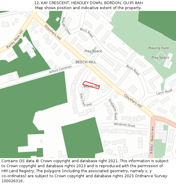 12, KAY CRESCENT, HEADLEY DOWN, BORDON, GU35 8AH: Location map and indicative extent of plot