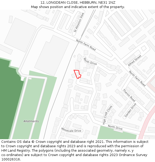 12, LONGDEAN CLOSE, HEBBURN, NE31 1NZ: Location map and indicative extent of plot