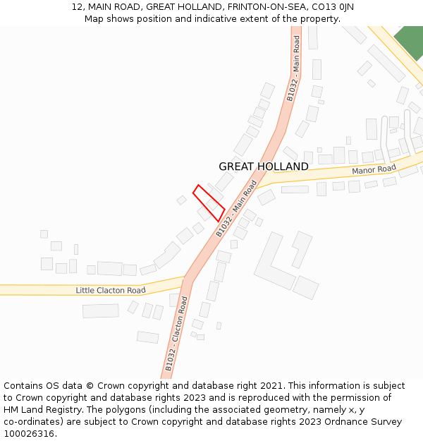 12, MAIN ROAD, GREAT HOLLAND, FRINTON-ON-SEA, CO13 0JN: Location map and indicative extent of plot