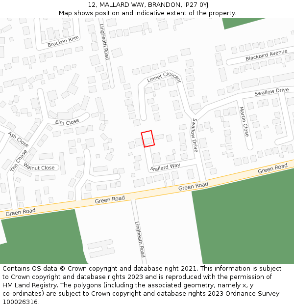 12, MALLARD WAY, BRANDON, IP27 0YJ: Location map and indicative extent of plot