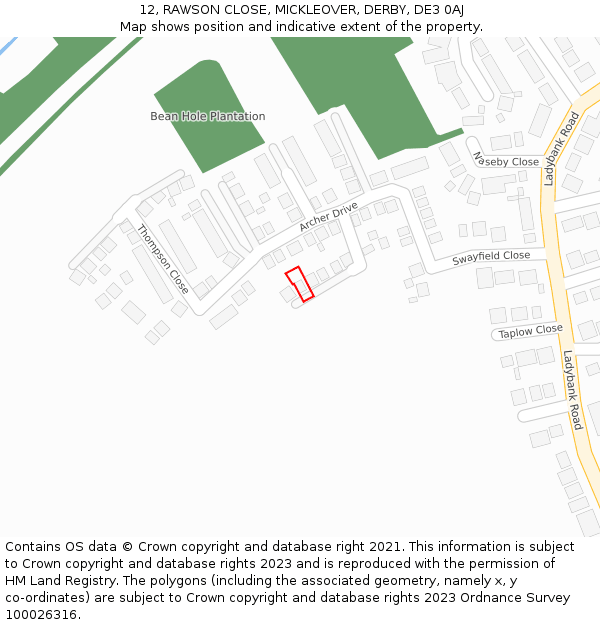 12, RAWSON CLOSE, MICKLEOVER, DERBY, DE3 0AJ: Location map and indicative extent of plot