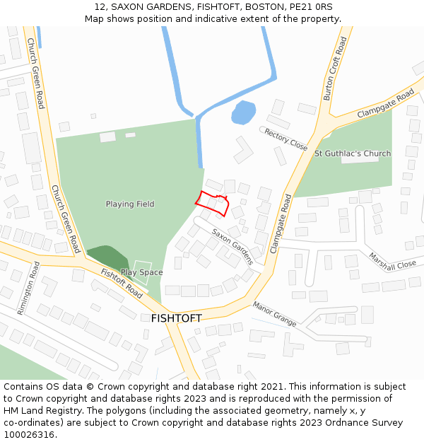 12, SAXON GARDENS, FISHTOFT, BOSTON, PE21 0RS: Location map and indicative extent of plot