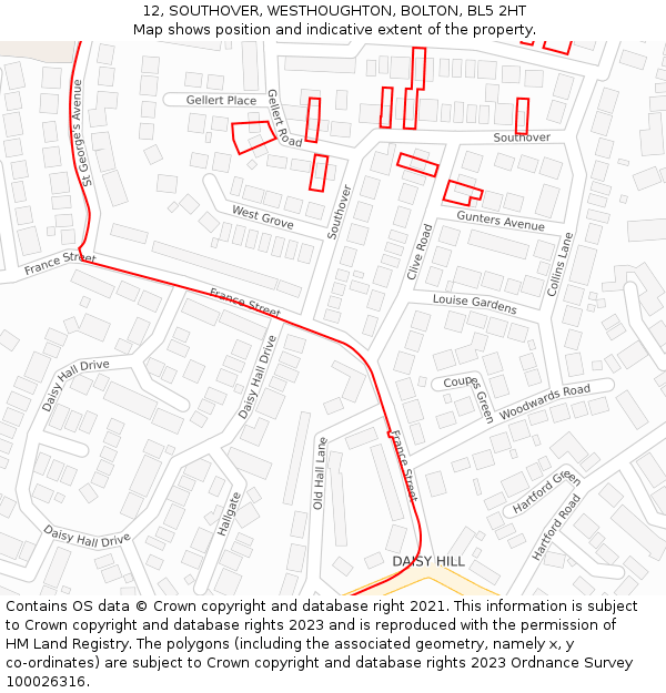 12, SOUTHOVER, WESTHOUGHTON, BOLTON, BL5 2HT: Location map and indicative extent of plot