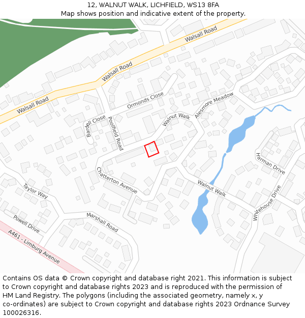 12, WALNUT WALK, LICHFIELD, WS13 8FA: Location map and indicative extent of plot