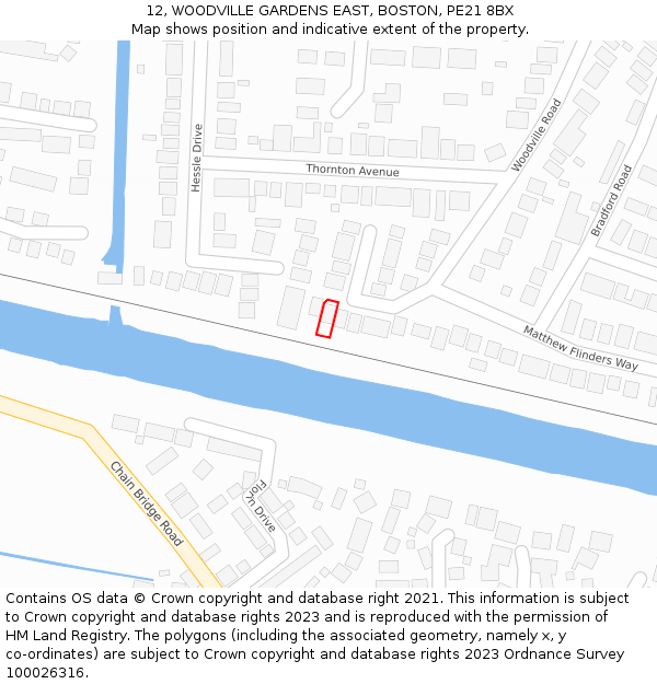 12, WOODVILLE GARDENS EAST, BOSTON, PE21 8BX: Location map and indicative extent of plot