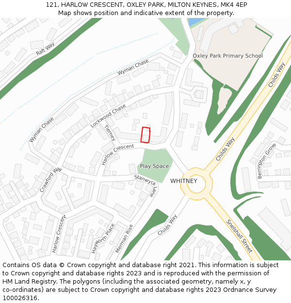 121, HARLOW CRESCENT, OXLEY PARK, MILTON KEYNES, MK4 4EP: Location map and indicative extent of plot