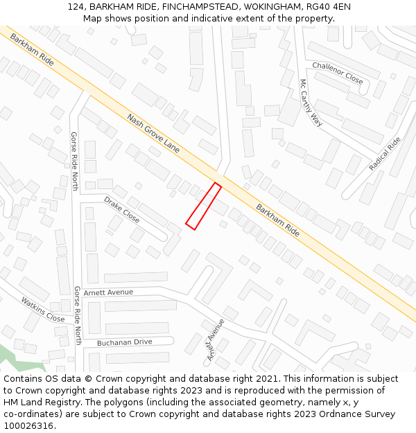 124, BARKHAM RIDE, FINCHAMPSTEAD, WOKINGHAM, RG40 4EN: Location map and indicative extent of plot